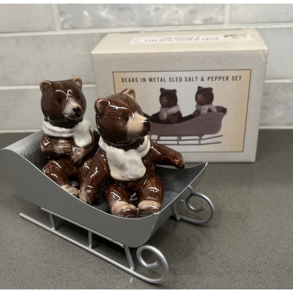 Cracker Barrel Ceramic Sledding Bears in Metal Sled Salt & Pepper Shakers